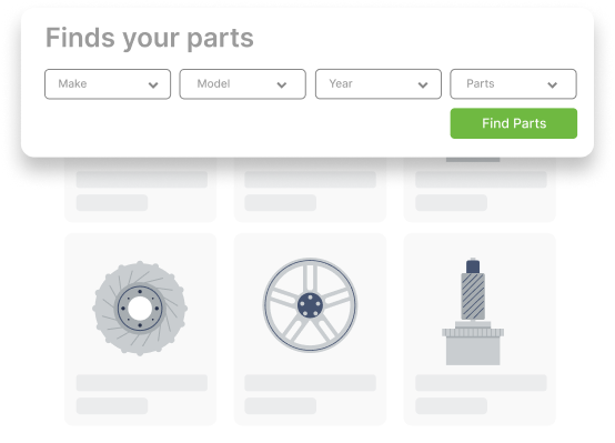Automotive parts finder tool with dropdowns for make, model, year, and parts, along with icons of a wheel, gear, and bolt.