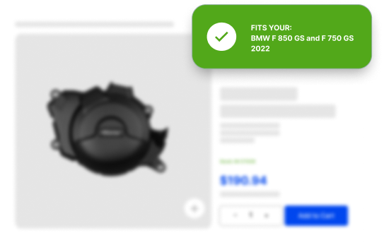 Product for BMW F 850 GS and F 750 GS 2022 with a green label indicating compatibility.