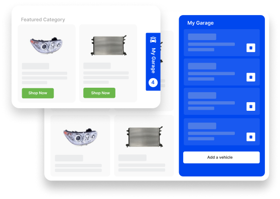 Automotive parts on a white background with a blue 'My Garage' interface.